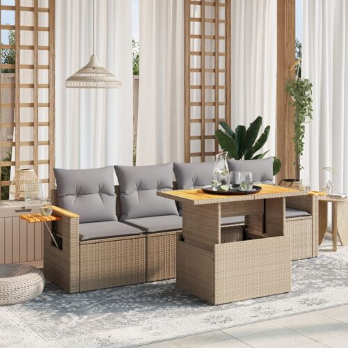 5-Piece Garden Sofa Set with Cushions Outdoor Patio Lounge Furniture Beige Poly Rattan - Image 2