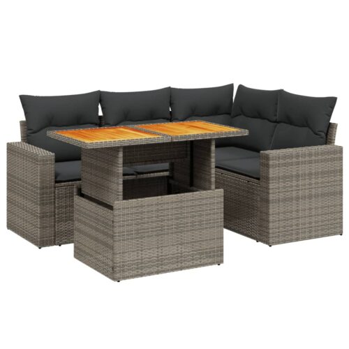 5-Piece Garden Sofa Set with Cushions Outdoor Patio Lounge Furniture Grey Poly Rattan