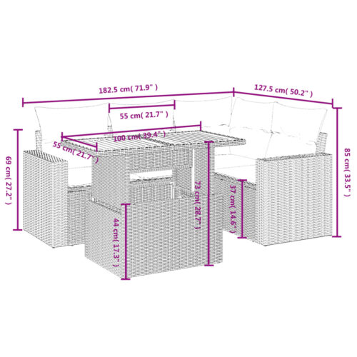 5-Piece Garden Sofa Set with Cushions Outdoor Patio Lounge Furniture Grey Poly Rattan - Image 3