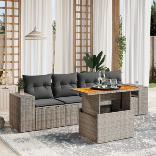 5-Piece Garden Sofa Set with Cushions Outdoor Patio Lounge Furniture Grey Poly Rattan - Image 2