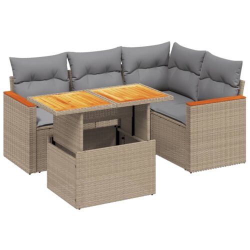 5-Piece Garden Sofa Set with Cushions Outdoor Patio Lounge Furniture Beige Poly Rattan