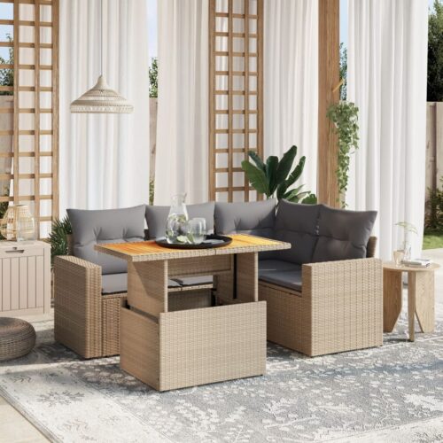 5-Piece Garden Sofa Set with Cushions Outdoor Patio Lounge Furniture Beige Poly Rattan - Image 2