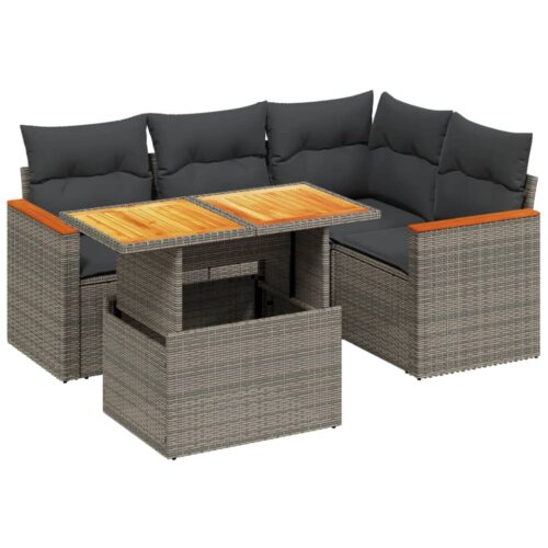 5-Piece Garden Sofa Set with Cushions Outdoor Patio Lounge Furniture Grey Poly Rattan