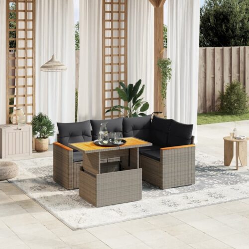 5-Piece Garden Sofa Set with Cushions Outdoor Patio Lounge Furniture Grey Poly Rattan - Image 2
