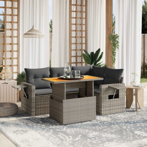 5-Piece Garden Sofa Set with Cushions Outdoor Patio Lounge Furniture Grey Poly Rattan - Image 2