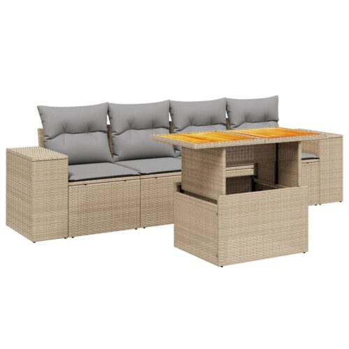 5-Piece Garden Sofa Set with Cushions Outdoor Patio Lounge Furniture Beige Poly Rattan