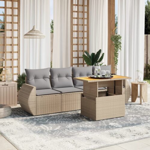 5-Piece Garden Sofa Set with Cushions Outdoor Patio Lounge Furniture Beige Poly Rattan - Image 2