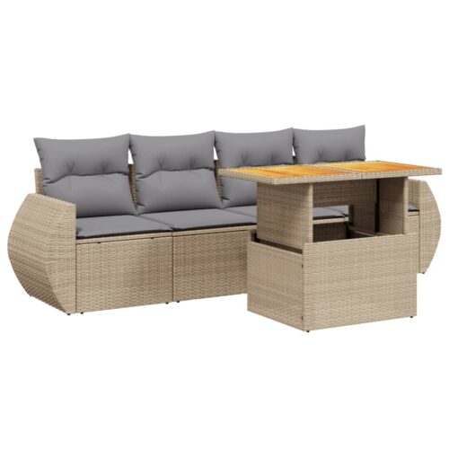 5-Piece Garden Sofa Set with Cushions Outdoor Patio Lounge Furniture Beige Poly Rattan - Image 5