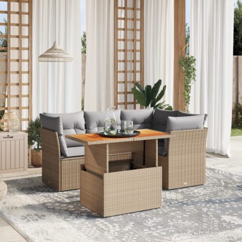 5-Piece Garden Sofa Set with Cushions Outdoor Patio Lounge Furniture Beige Poly Rattan - Image 2