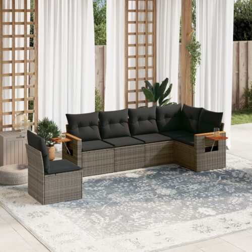 6-Piece Garden Sofa Set with Cushions Outdoor Patio Lounge Furniture Grey Poly Rattan - Image 2