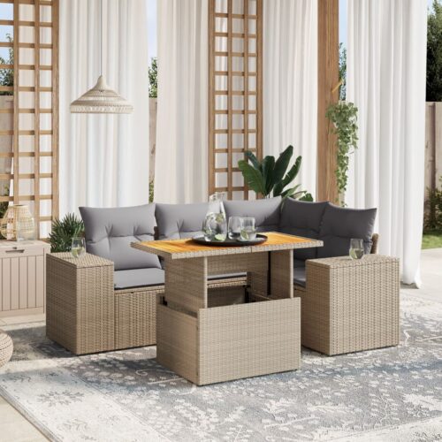 5-Piece Garden Sofa Set with Cushions Outdoor Patio Lounge Furniture Beige Poly Rattan - Image 2