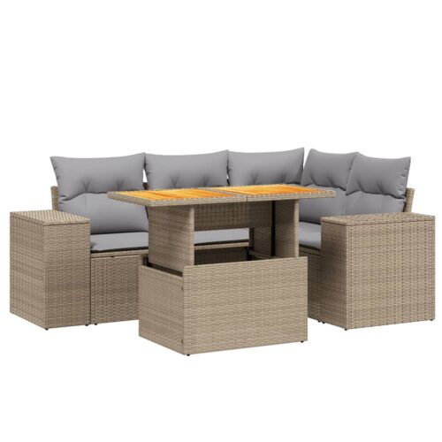 5-Piece Garden Sofa Set with Cushions Outdoor Patio Lounge Furniture Beige Poly Rattan - Image 5
