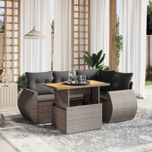 5-Piece Garden Sofa Set with Cushions Outdoor Patio Lounge Furniture Grey Poly Rattan - Image 2