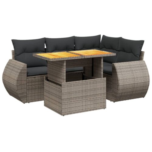 5-Piece Garden Sofa Set with Cushions Outdoor Patio Lounge Furniture Grey Poly Rattan - Image 5