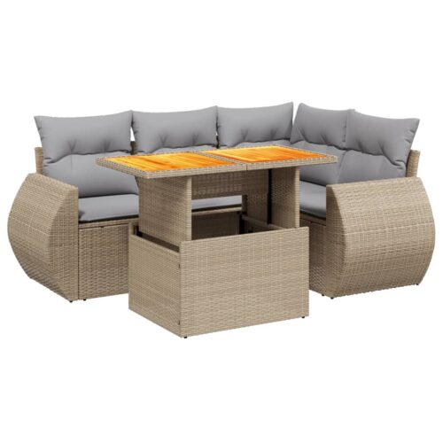 5-Piece Garden Sofa Set with Cushions Outdoor Patio Lounge Furniture Beige Poly Rattan