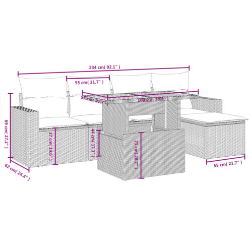 6-Piece Garden Sofa Set with Cushions Outdoor Patio Lounge Furniture Grey Poly Rattan - Image 3