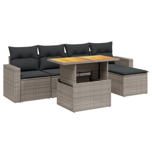 6-Piece Garden Sofa Set with Cushions Outdoor Patio Lounge Furniture Grey Poly Rattan - Image 5