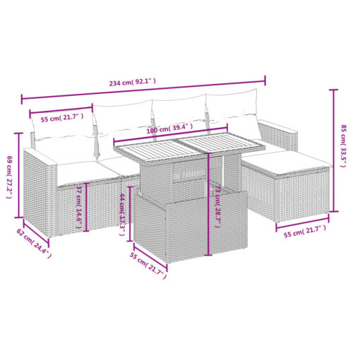 6-Piece Garden Sofa Set with Cushions Outdoor Patio Lounge Furniture Grey Poly Rattan - Image 3