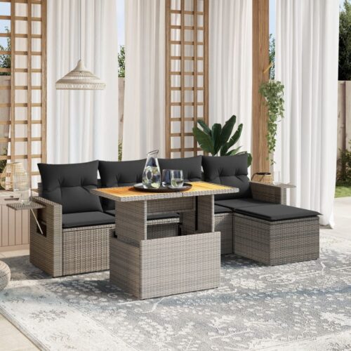 6-Piece Garden Sofa Set with Cushions Outdoor Patio Lounge Furniture Grey Poly Rattan - Image 2