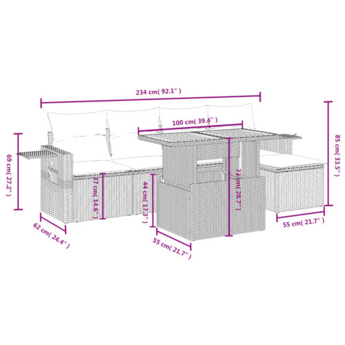 6-Piece Garden Sofa Set with Cushions Outdoor Patio Lounge Furniture Grey Poly Rattan - Image 3