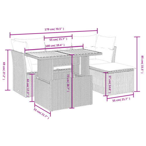 6-Piece Garden Sofa Set with Cushions Outdoor Patio Lounge Furniture Grey Poly Rattan - Image 3
