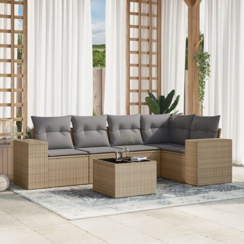 6-Piece Garden Sofa Set with Cushions Outdoor Patio Lounge Furniture Beige Poly Rattan - Image 2