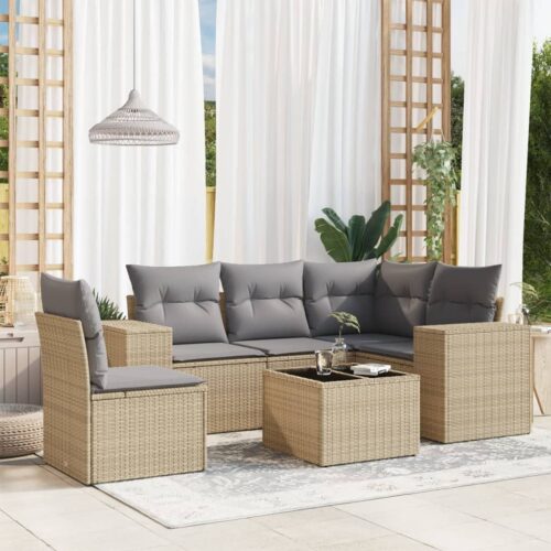 6-Piece Garden Sofa Set with Cushions Outdoor Patio Lounge Furniture Beige Poly Rattan - Image 2