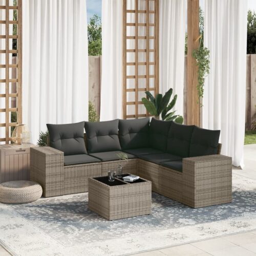 6-Piece Garden Sofa Set with Cushions Outdoor Patio Lounge Furniture Grey Poly Rattan - Image 2