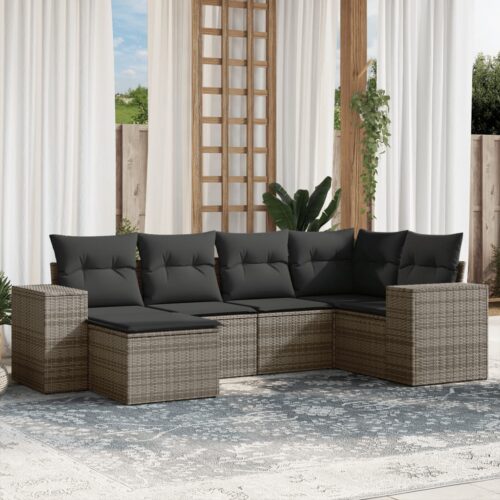 6-Piece Garden Sofa Set with Cushions Outdoor Patio Lounge Furniture Grey Poly Rattan - Image 2
