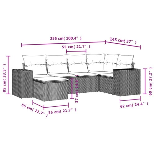 6-Piece Garden Sofa Set with Cushions Outdoor Patio Lounge Furniture Grey Poly Rattan - Image 3
