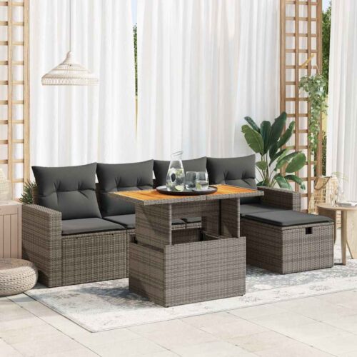 6-Piece Garden Sofa Set with Cushions Outdoor Patio Lounge Furniture Grey Poly Rattan Acacia - Image 2