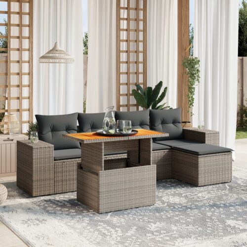6-Piece Garden Sofa Set with Cushions Outdoor Patio Lounge Furniture Grey Poly Rattan - Image 2