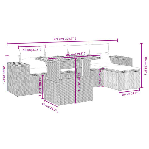 6-Piece Garden Sofa Set with Cushions Outdoor Patio Lounge Furniture Grey Poly Rattan - Image 3