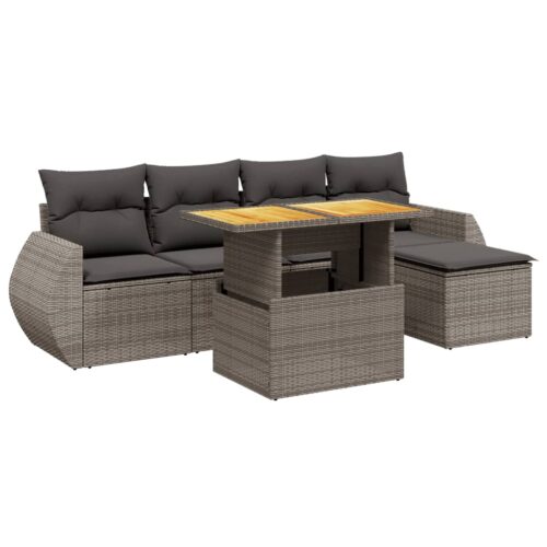 6-Piece Garden Sofa Set with Cushions Outdoor Patio Lounge Furniture Grey Poly Rattan - Image 5