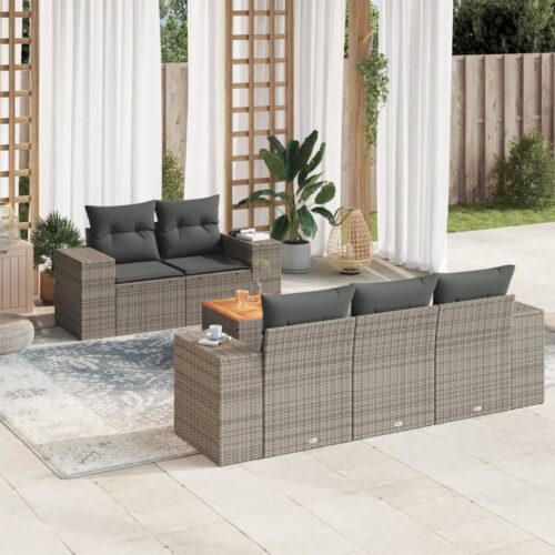 6-Piece Garden Sofa Set with Cushions Outdoor Patio Lounge Furniture Grey Poly Rattan - Image 2