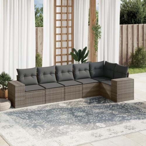 6-Piece Garden Sofa Set with Cushions Outdoor Patio Lounge Furniture Grey Poly Rattan - Image 2
