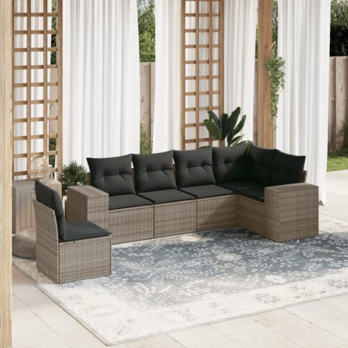 6-Piece Garden Sofa Set with Cushions Outdoor Patio Lounge Furniture Grey Poly Rattan - Image 2