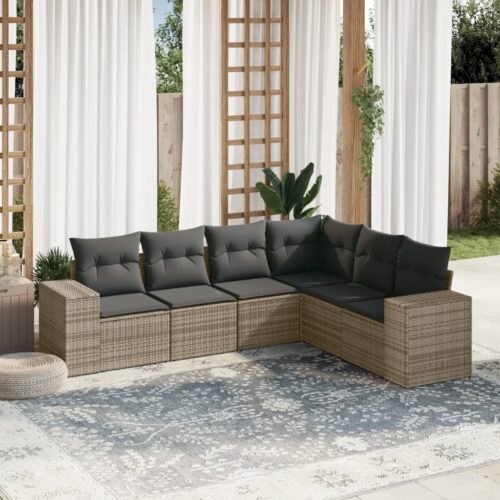 6-Piece Garden Sofa Set with Cushions Outdoor Patio Lounge Furniture Grey Poly Rattan - Image 2