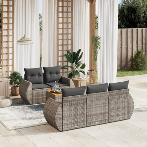 6-Piece Garden Sofa Set with Cushions Outdoor Patio Lounge Furniture Grey Poly Rattan - Image 2