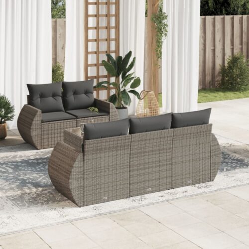 6-Piece Garden Sofa Set with Cushions Outdoor Patio Lounge Furniture Grey Poly Rattan - Image 2
