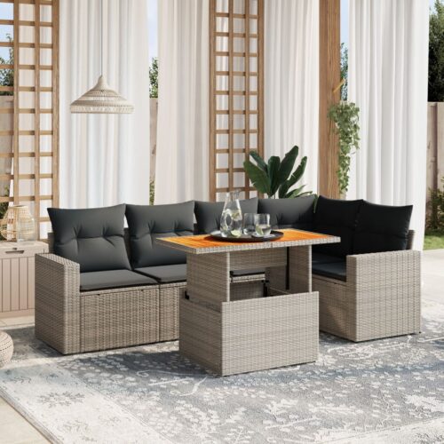 6-Piece Garden Sofa Set with Cushions Outdoor Patio Lounge Furniture Grey Poly Rattan - Image 2