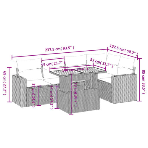 6-Piece Garden Sofa Set with Cushions Outdoor Patio Lounge Furniture Grey Poly Rattan - Image 3