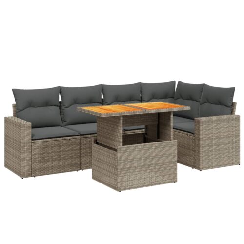 6-Piece Garden Sofa Set with Cushions Outdoor Patio Lounge Furniture Grey Poly Rattan - Image 4