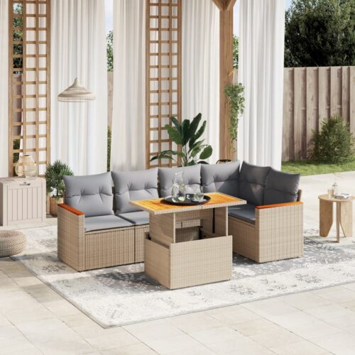 6-Piece Garden Sofa Set with Cushions Outdoor Patio Lounge Furniture Beige Poly Rattan - Image 2