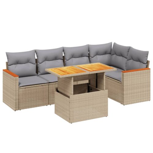 6-Piece Garden Sofa Set with Cushions Outdoor Patio Lounge Furniture Beige Poly Rattan - Image 5