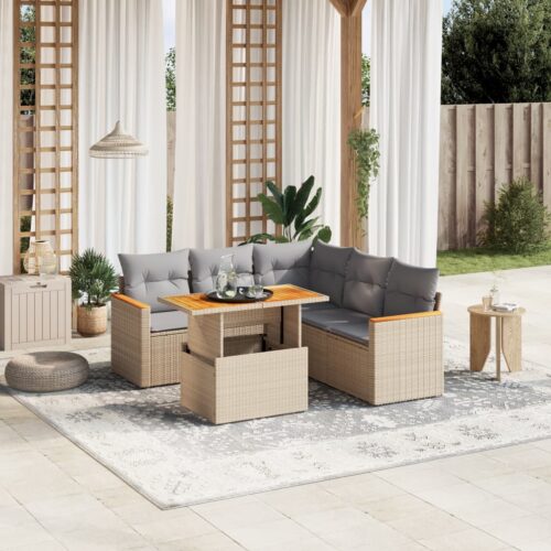 6-Piece Garden Sofa Set with Cushions Outdoor Patio Lounge Furniture Beige Poly Rattan - Image 2