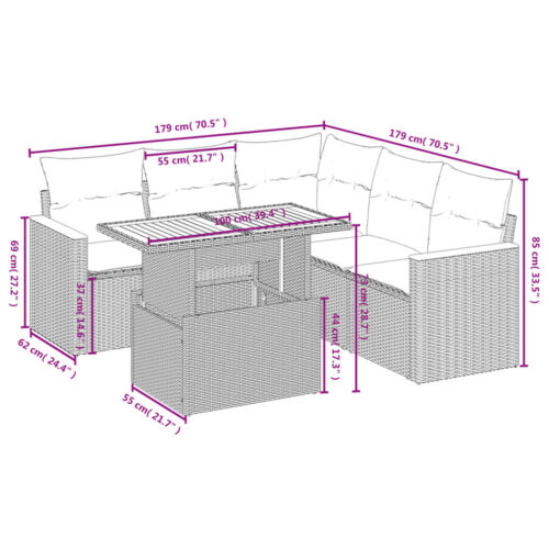 6-Piece Garden Sofa Set with Cushions Outdoor Patio Lounge Furniture Beige Poly Rattan - Image 3
