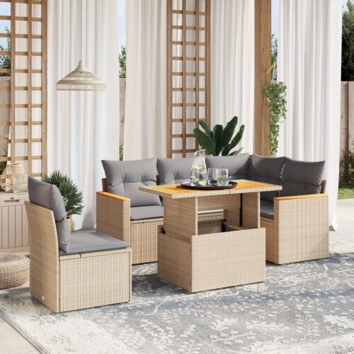 6-Piece Garden Sofa Set with Cushions Outdoor Patio Lounge Furniture Beige Poly Rattan - Image 2