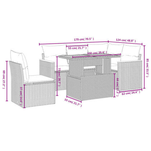 6-Piece Garden Sofa Set with Cushions Outdoor Patio Lounge Furniture Beige Poly Rattan - Image 3