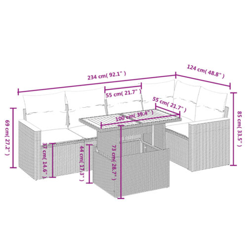 6-Piece Garden Sofa Set with Cushions Outdoor Patio Lounge Furniture Grey Poly Rattan - Image 3